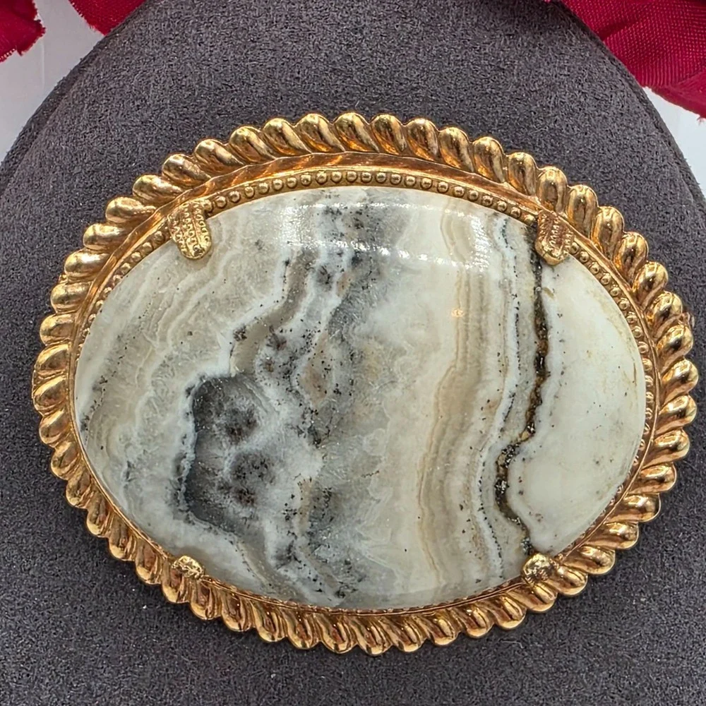 Vintage Oval Agate Style Brooch Pin‎ Gold Tone Rope Edge Mosaic Stone Statement